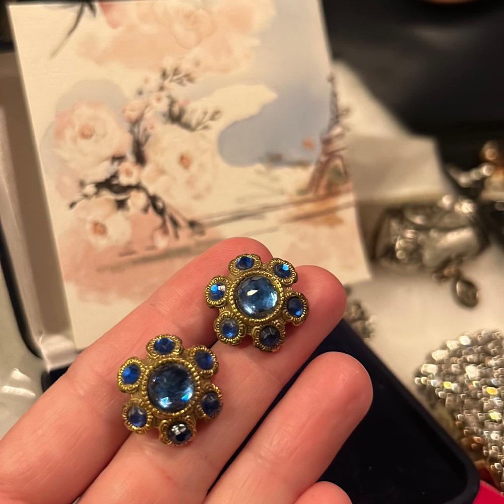 Vintage Czech Glass Screwback Earrings Blue Stones